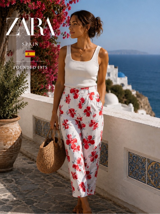 Zara Pants - Zara Basic Floral Cropped Pants White Red Cotton Blend Size M